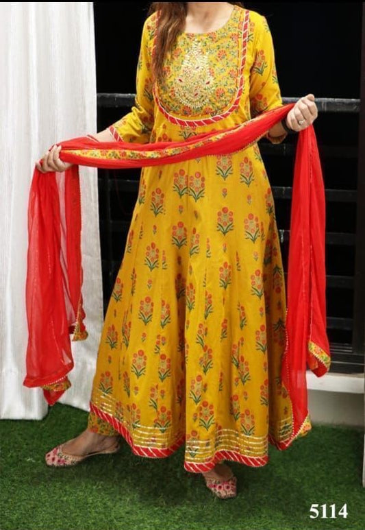 Exquisite Handcrafted Anarkali Kurti Set in Yellow with Intricate Gotta Detailing