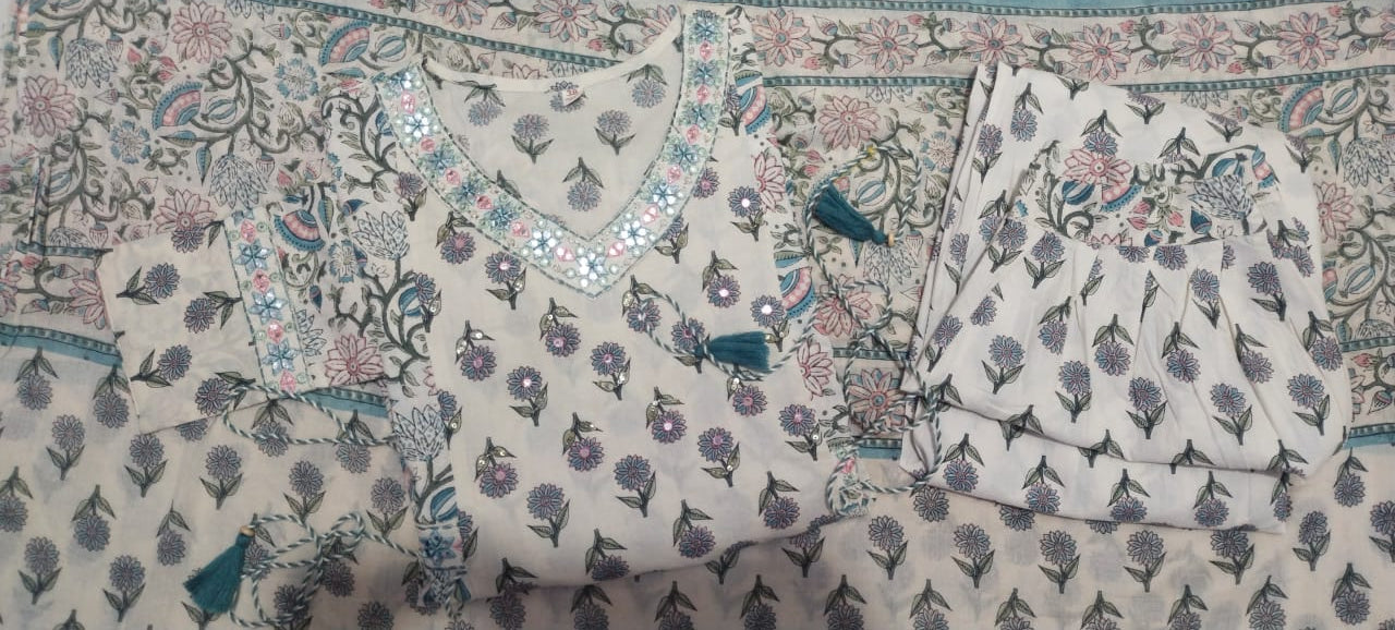 Grey Floral Afghani Suit Set with Embroidery and Tassels