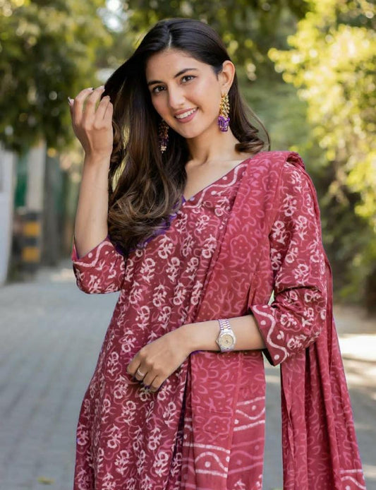 Maroon Cotton Suit Set with Printed Kurti, Pant, and Dupatta