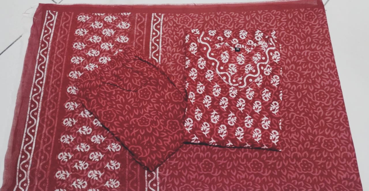 Maroon Cotton Suit Set with Printed Kurti, Pant, and Dupatta