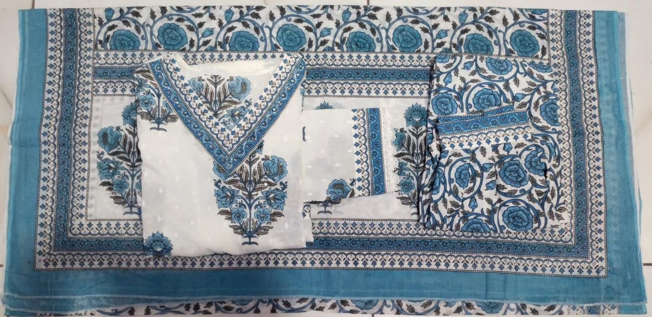 Handcrafted White-Grey Floral Afghani Suit Set