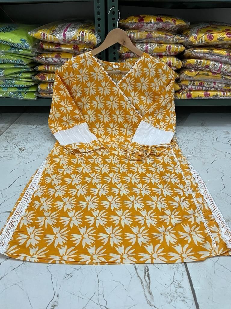 Elegant Procin print Angrakha Kurti Set with Lace and Tassel