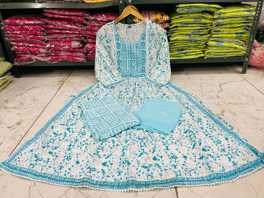 Elegant Light Blue Rayon Kurti Set with Mirror Embroidery and Croia Lace