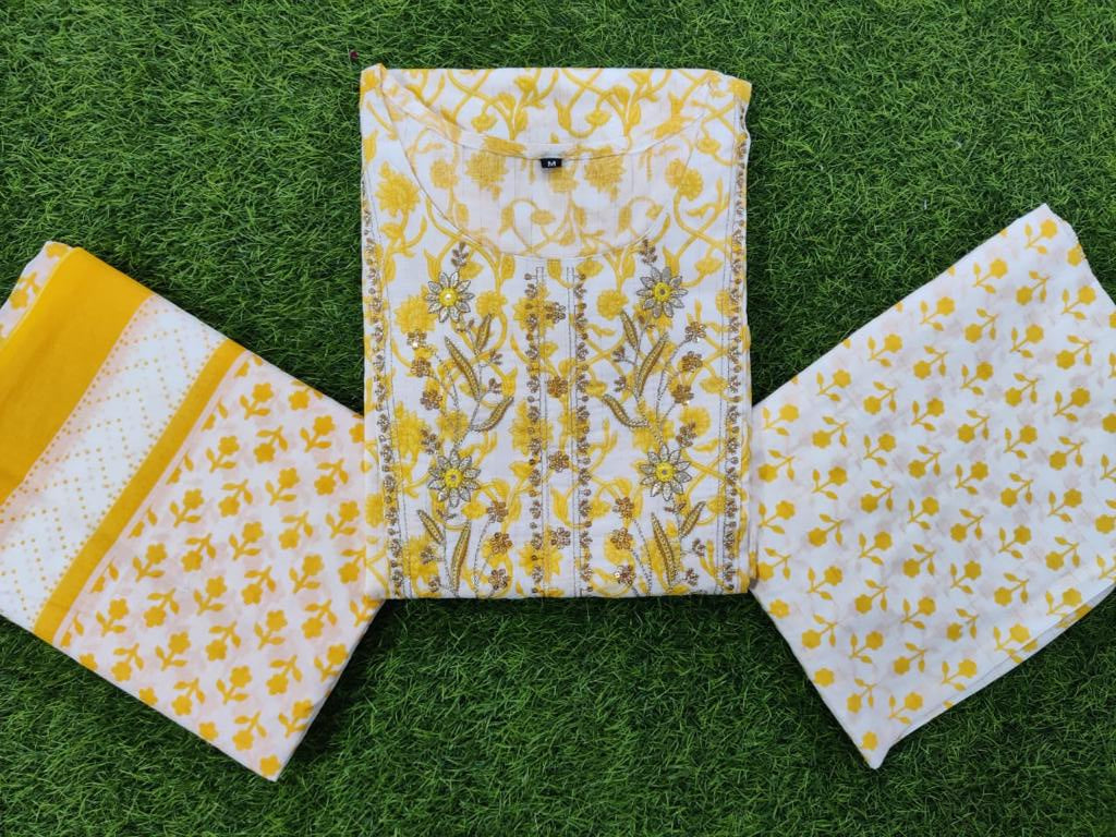 Yellow Cambric Cotton Suit Set with Embroidery and Sequin Detailing