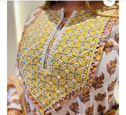 Elegant Beige Sanganeri Block Print Cotton Suit Set with Adda Work Detailing