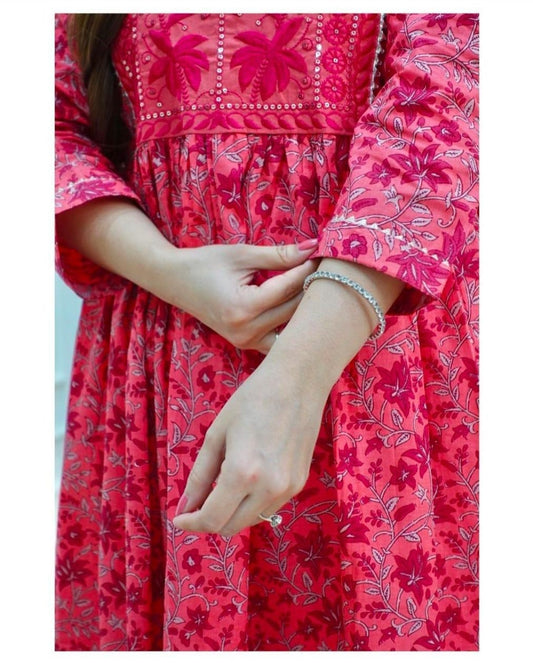 Elegant Red Cotton Anarkali Kurti Set with Exquisite Embroidery