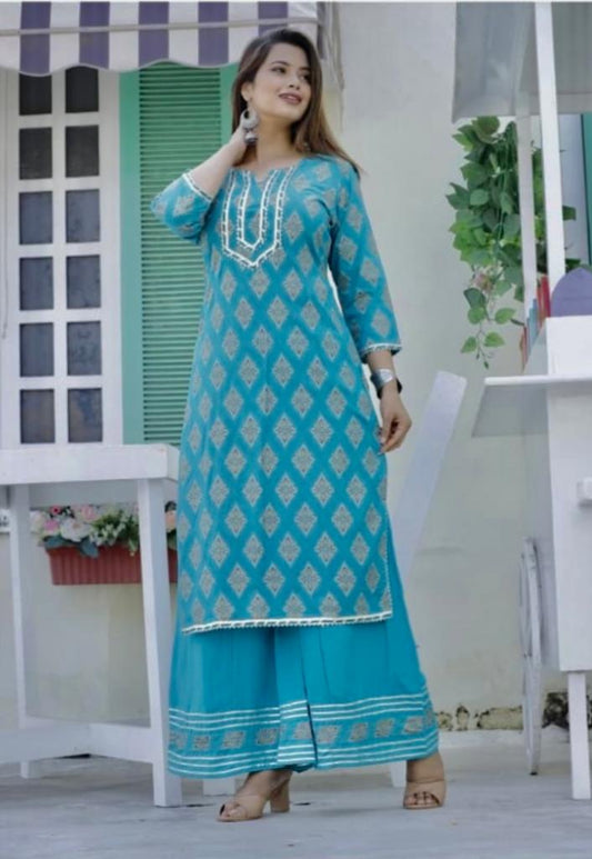 Ethereal Elegance: Rama Blue Printed Kurti Set with Gota Lace and Sharara