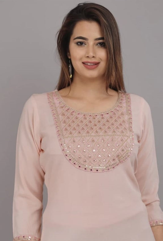 Peach Embroidery Top with Side Cut and Half Sleeves