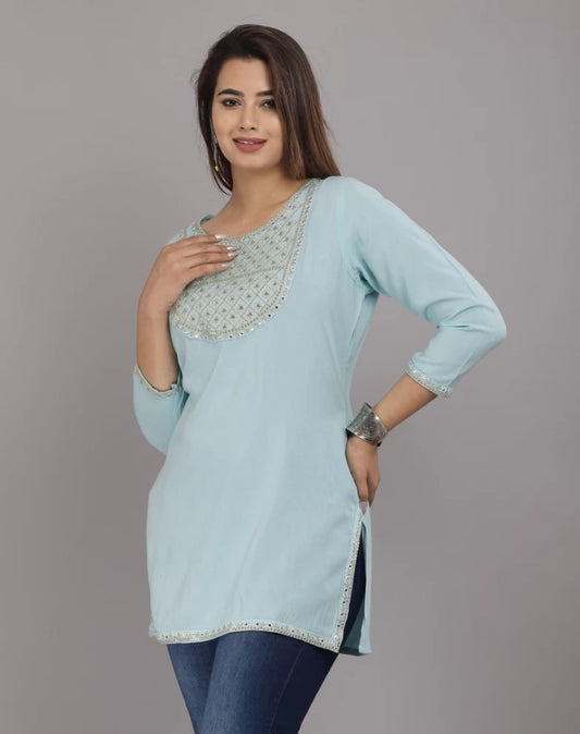 Sky Blue Embroidered Top with Side Cut and Half Sleeves