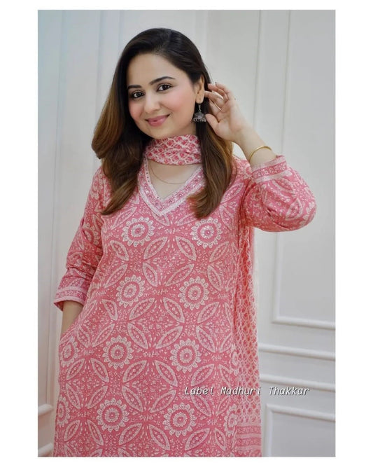 Pink Sanganeri Block Print Flared Suit with Afghani Pant and Adda Work Detailing