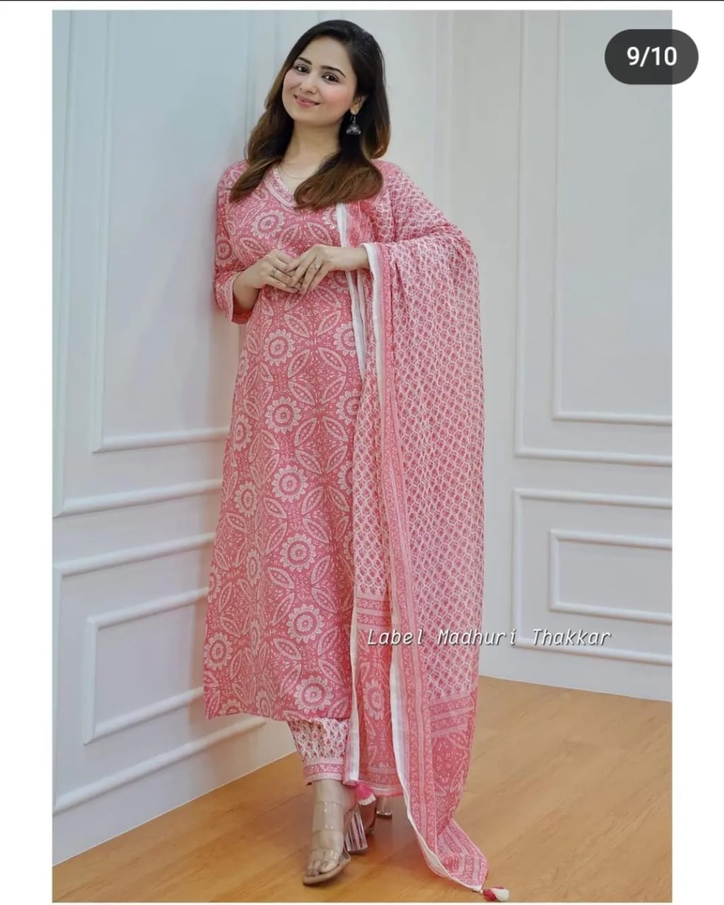 Pink Sanganeri Block Print Flared Suit with Afghani Pant and Adda Work Detailing