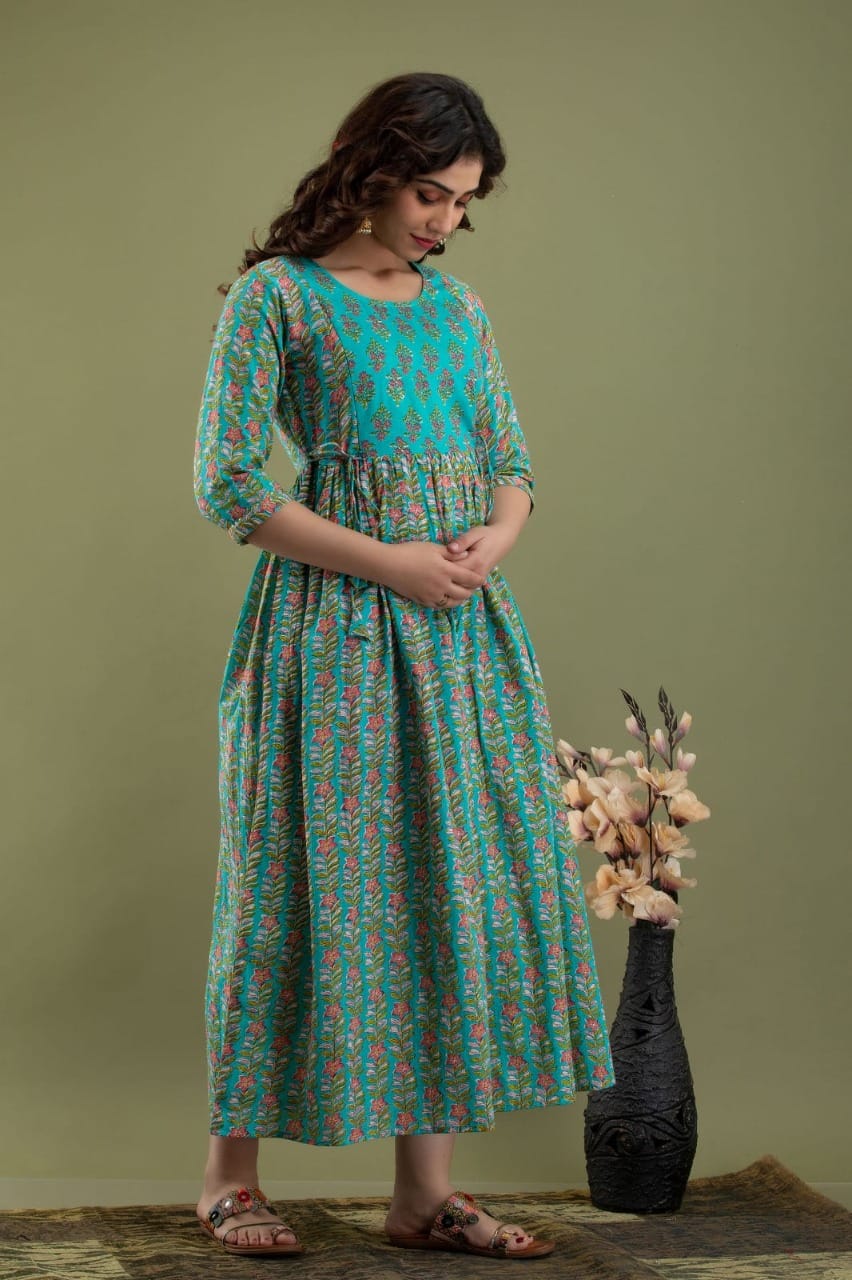 anarkali dress for pregnant ladies Green Pure Cotton Maternity Anarkali Kurta Trouser Dupatta Set XXL / Green / Pure Cotton