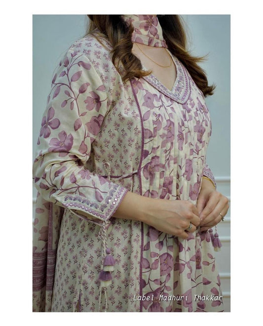 Lilac Ivory Floral Afghani Suit Set: Embroidery and Pintex Detailing