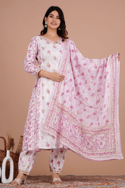 Enchanting Mauve Floral Afghani Suit Set with Handwork and Tassels