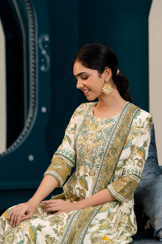 White and Light Olive Cotton Kurti Set with Sequins and Embroidery Work