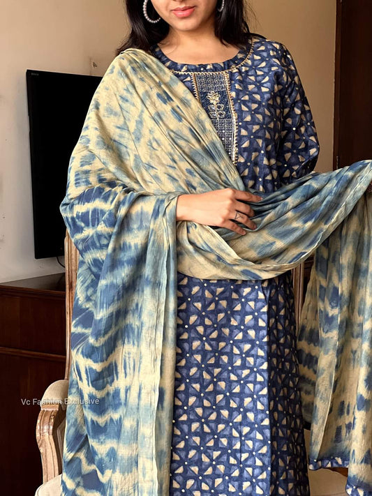 Blue Rayon Kurti Set with Embroidery Neckline and Tai Dai Dupatta