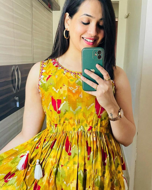 Yellow Floral Maxi Dress: Cotton Fabric, Sleeves Attach Inside