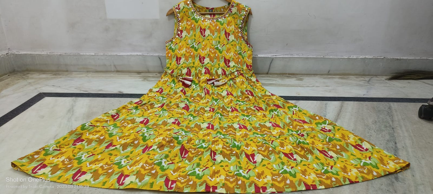 Yellow Floral Maxi Dress: Cotton Fabric, Sleeves Attach Inside