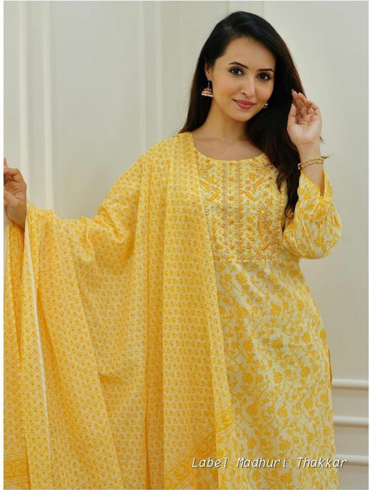 Yellow Cambric Cotton Suit Set with Embroidery and Sequin Detailing