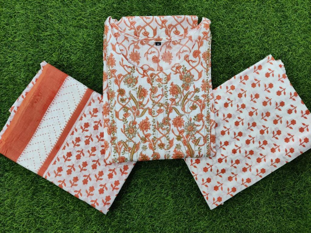 Peach Cotton Suit Set with Embroidery and Cotton Dupatta