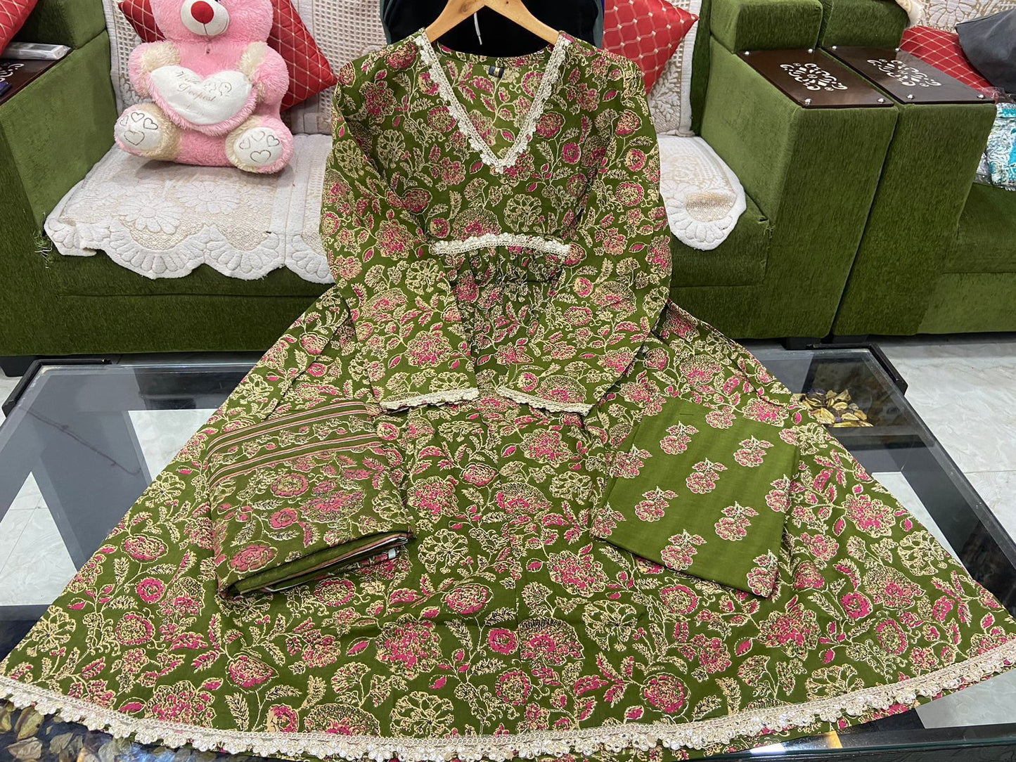 Green Cotton Alia Cut Anarkali Kurti Set with Gotta Lace Detailing
