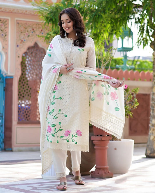 Off-White Hand-Painted Chicken Shifli Kurti Set
