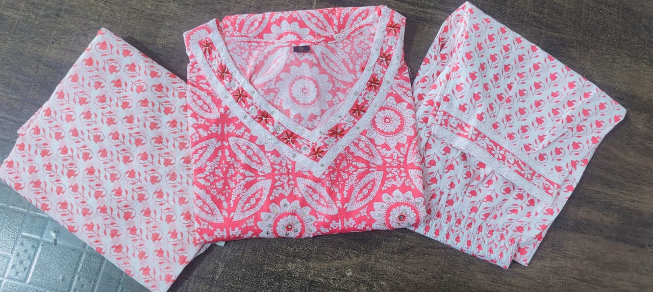 Pink Cotton Flared Suit with Sanganeri Block Print