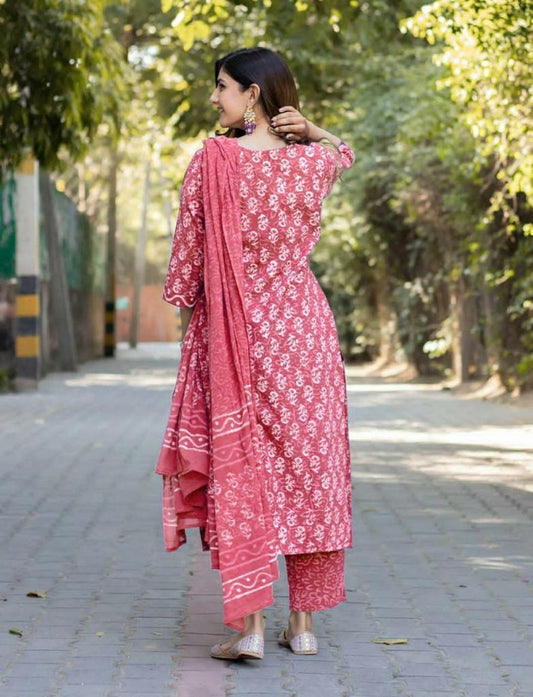 Pink Printed Cotton Suit Set with Kurti, Pant, and Dupatta