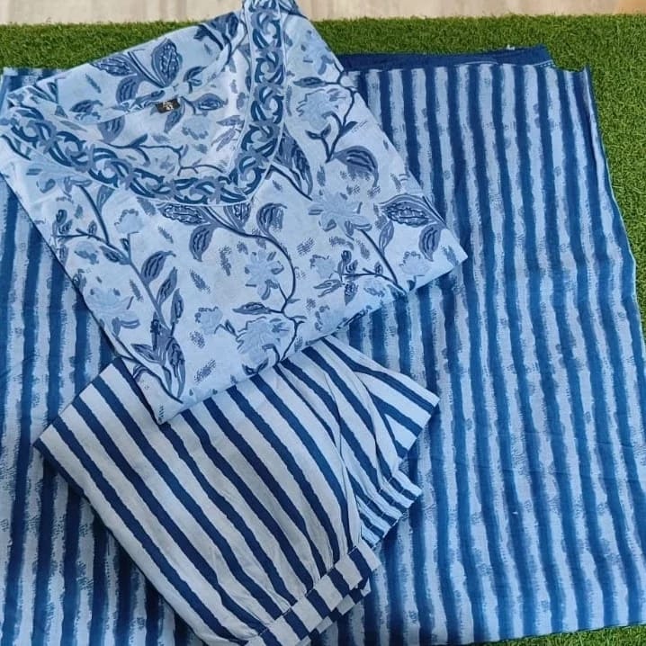 Indigo Bagru Hand Block Print Kurta, Pant & Dupatta Set