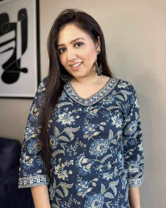 Indigo Printed Kurti with Afghani Bottoms