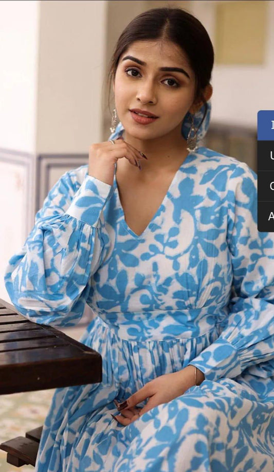 Sky Blue Tie and Dye Long Dress with All-Round Gather & Puffed Sleeves