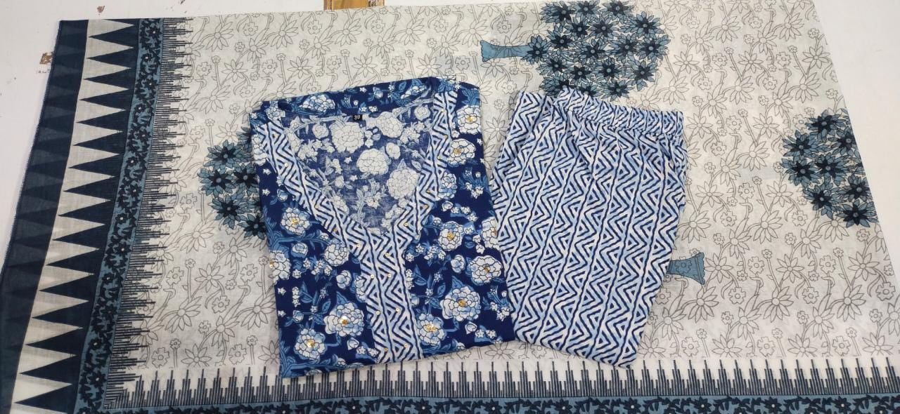 Blue 3-Piece Cotton Suit Set with Printed Work and Chicken Lace