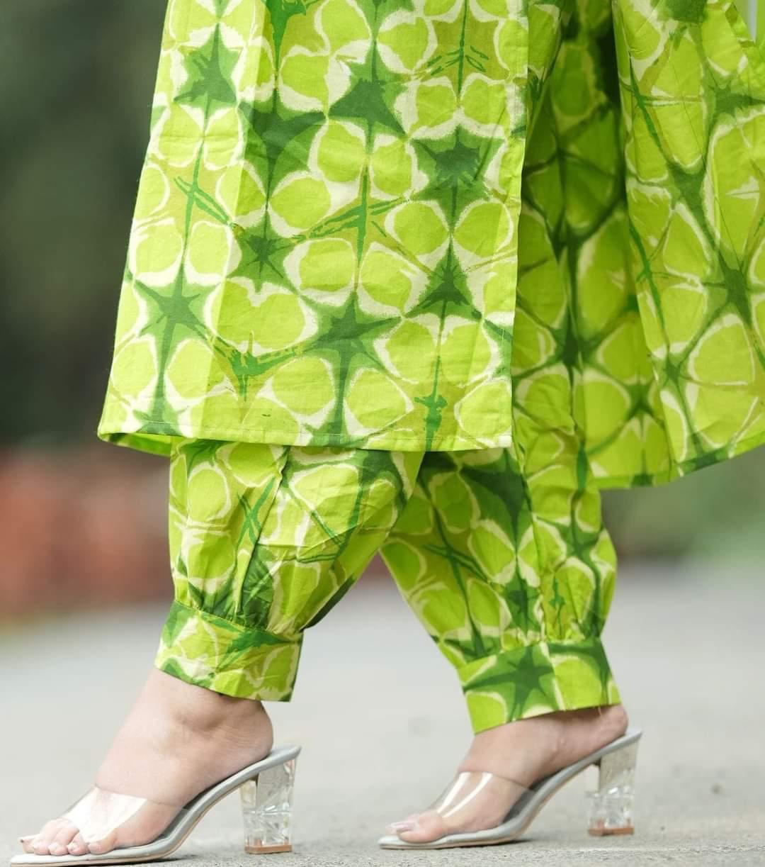 Green Cotton Kurti Set with Leheriya Dupatta