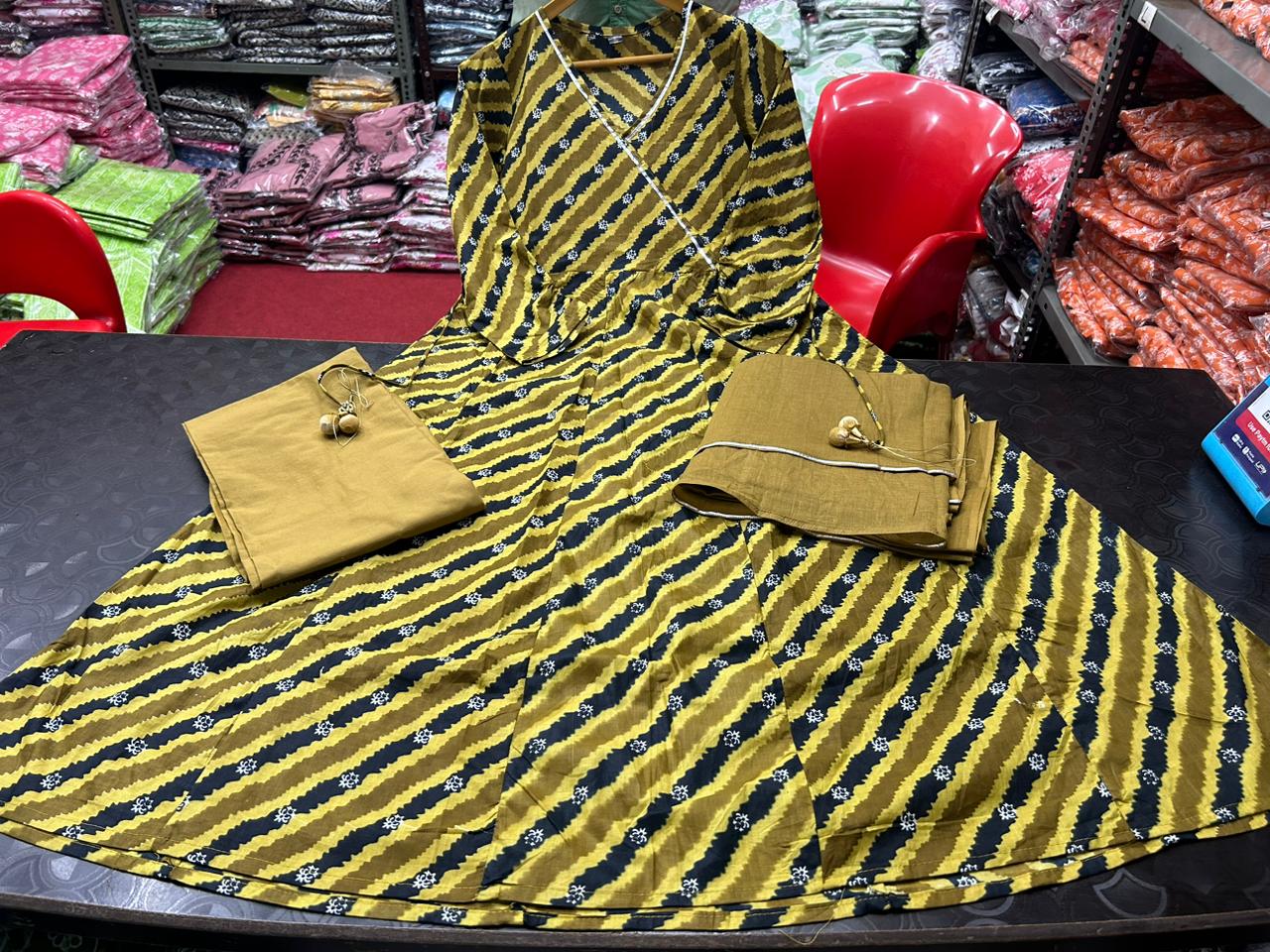 Khaki Angrakha Anarkali Suit with Pant and Dupatta in Washable Cotton Fabric