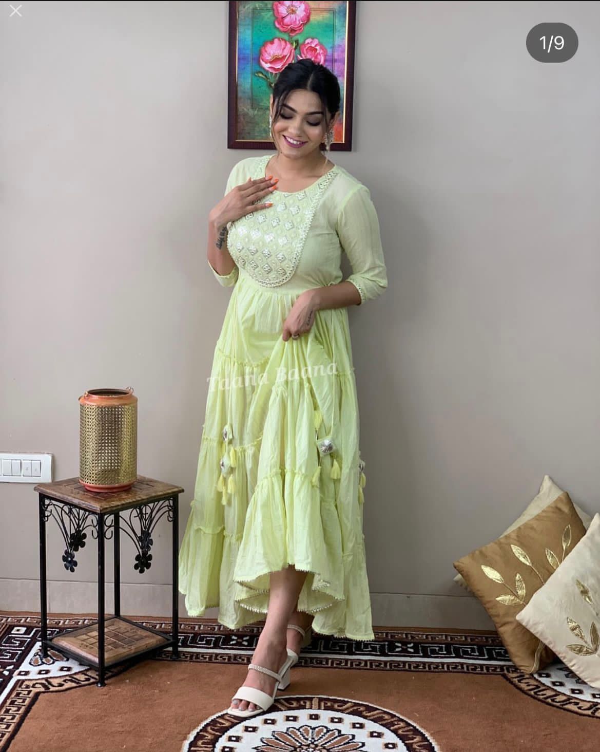 Tiered Rayon Lurex Gown with Floral Embroidery and Tassel