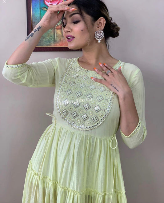 Tiered Rayon Lurex Gown with Floral Embroidery and Tassel