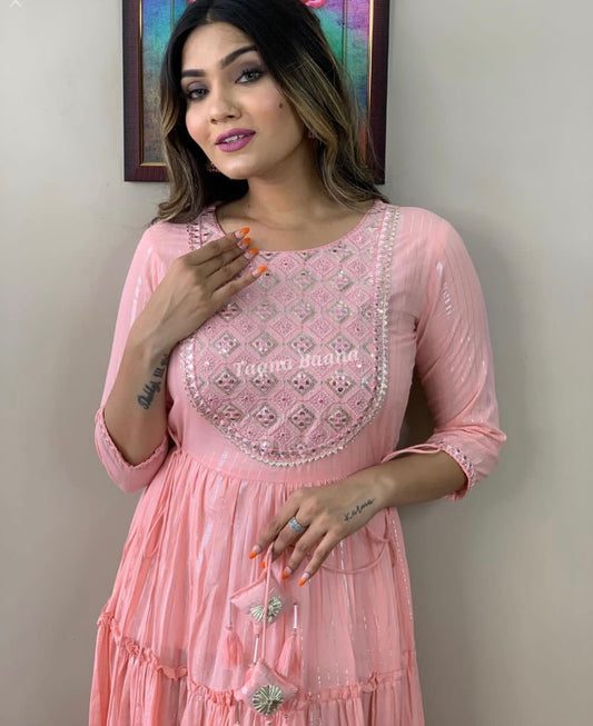 Tiered Rayon Lurex Gown with Floral Embroidery, Gota Lace, and Tassel