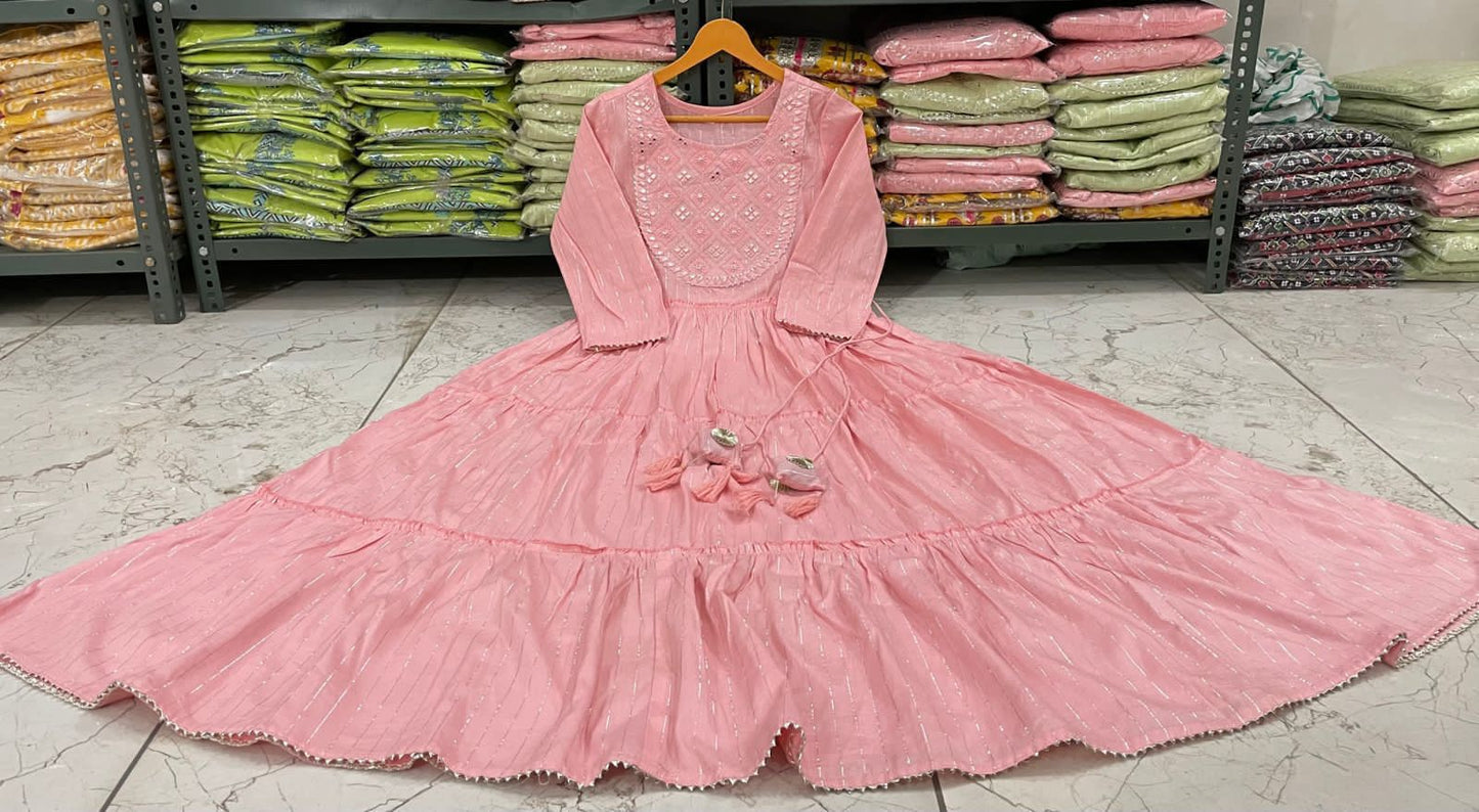 Tiered Rayon Lurex Gown with Floral Embroidery, Gota Lace, and Tassel