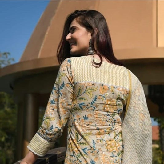 Cotton 3-Piece Suit Set with Printed Kurti, Pant, and Dupatta