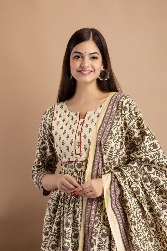 Hand Block Print Cotton Kurta Pant Set with Dupatta