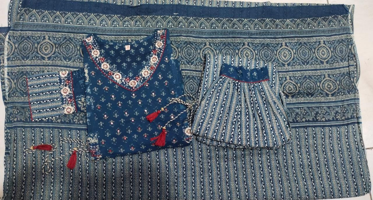 Navy Blue Floral Afghani Suit Set with Embroidery and Tassels