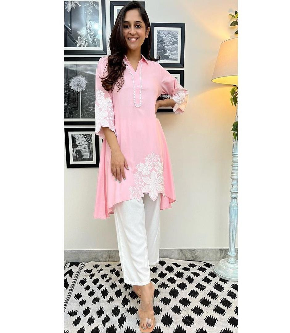 Rayon Cord Set with Hand Embroidery and Lace Detailing