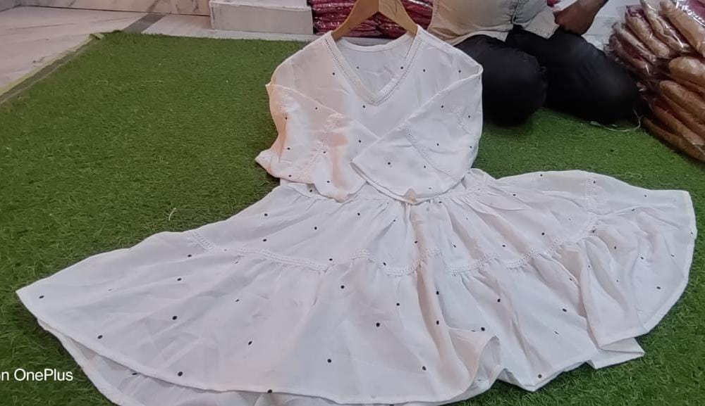 Polka Dot Print Rayon Top with Crosia Cotton Lace