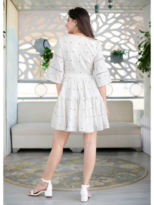 Polka Dot Print Rayon Top with Crosia Cotton Lace