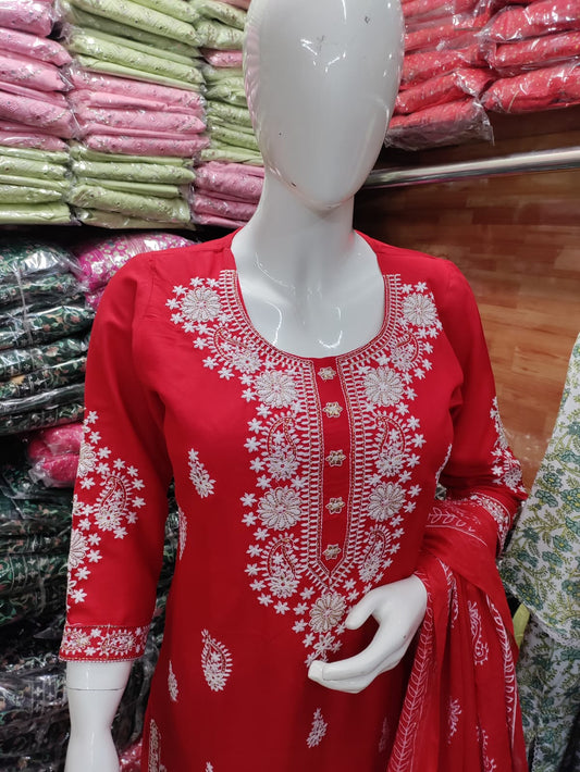 Sequin-Embroidered Kurti Pant Set with Malmal Cotton Dupatta