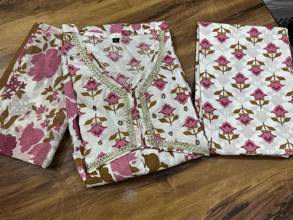 Cotton Kurti Set with Embroidery on Neckline