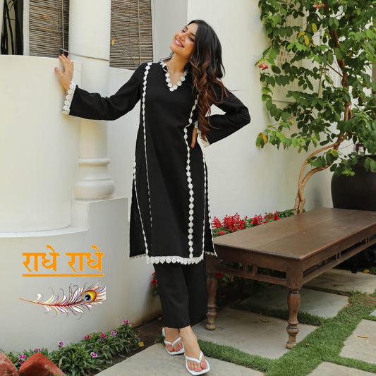 Rayon Kurti and Pant Set with Crochet Lace