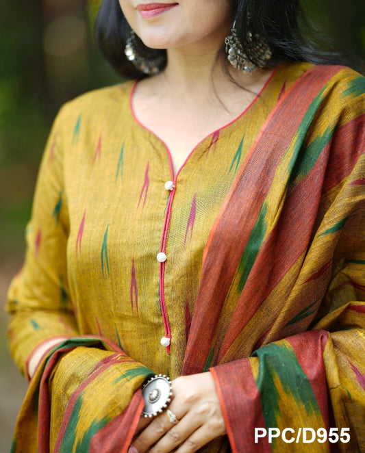 Jaipuri Hand Block Print Kurta, Pant, and Tie-Dye Mul Dupatta Set