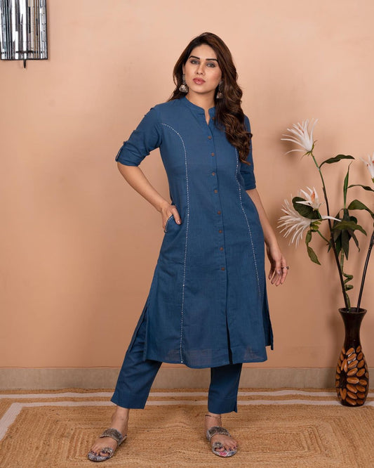 Embroidered Monochrome Cotton Pant-Set with Pockets