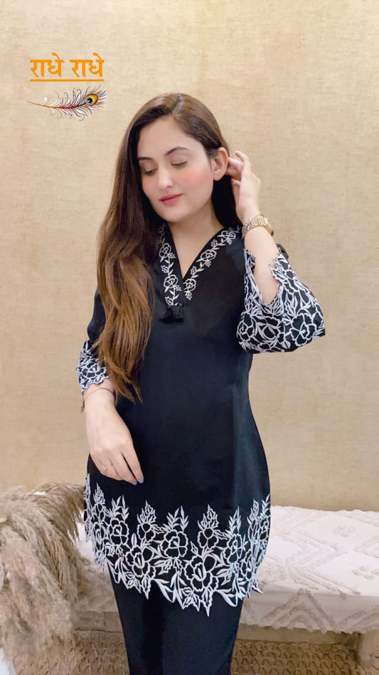Black Rayon Embroidery Co-Ord Set